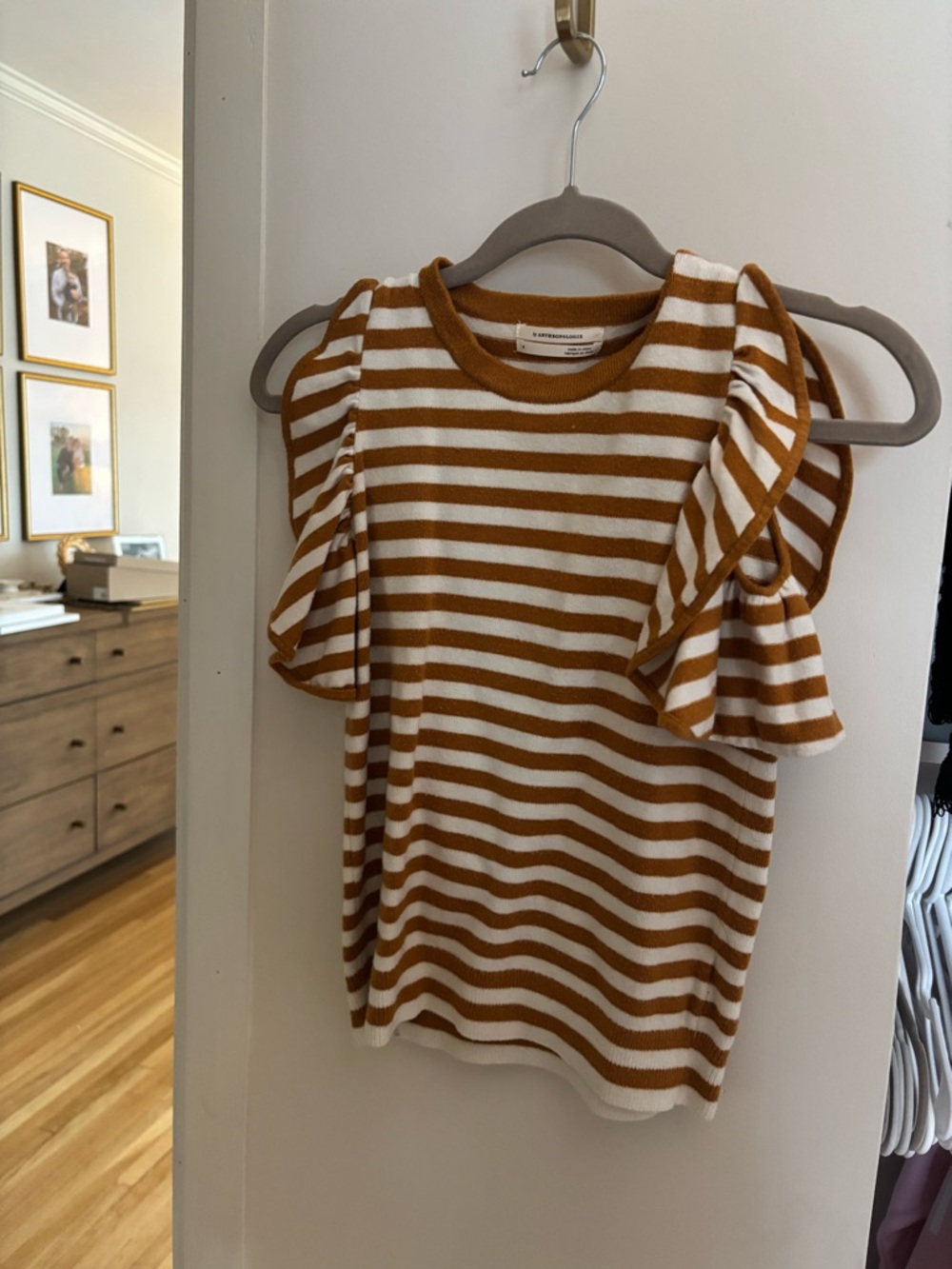 Anthropologie White and Mustard Striped Short Sleeve Ruffle Top